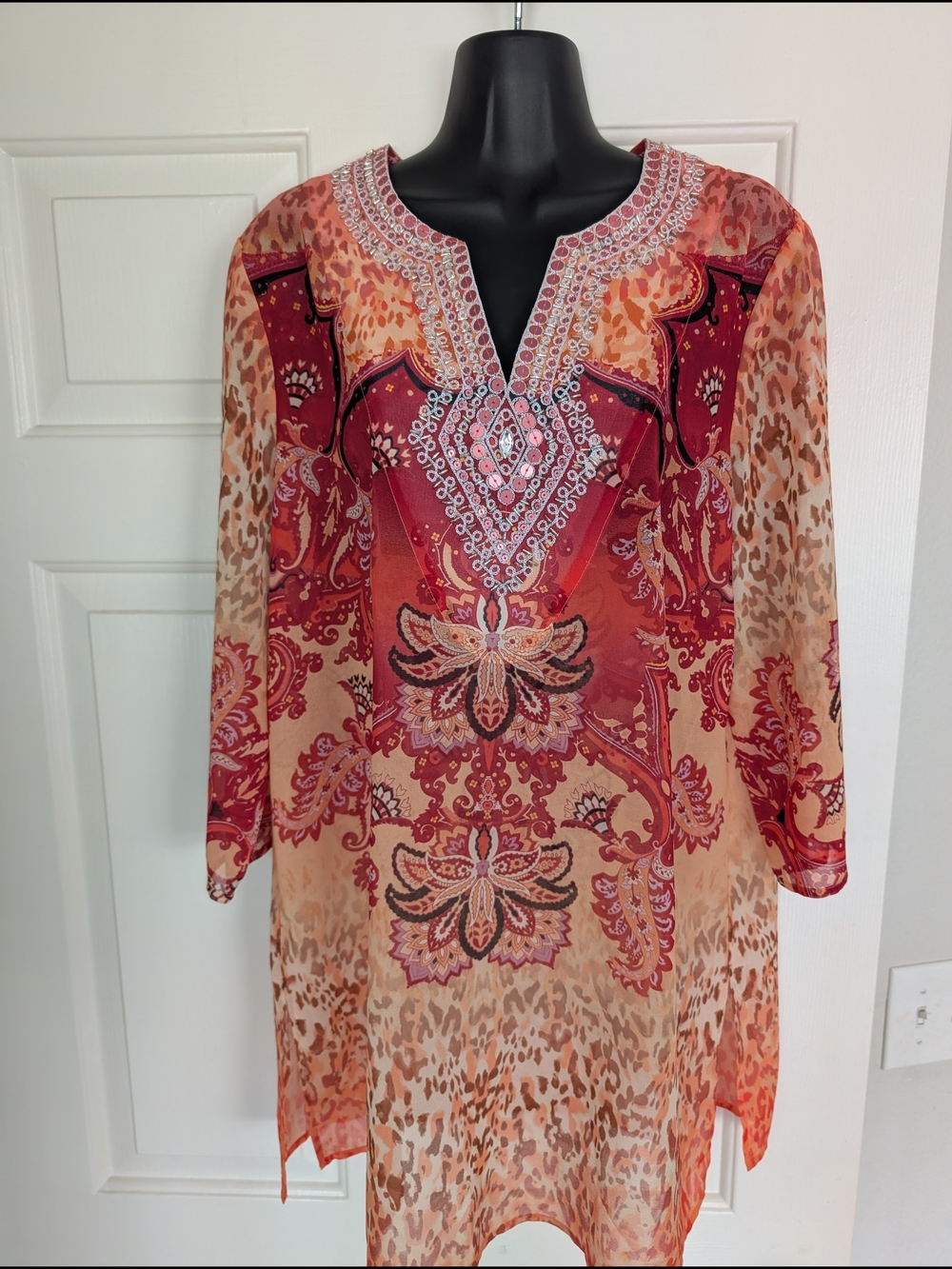 Chico’s Embellished Tunic Top Size 1 Boho Sheer Red Orange Paisley Blouse